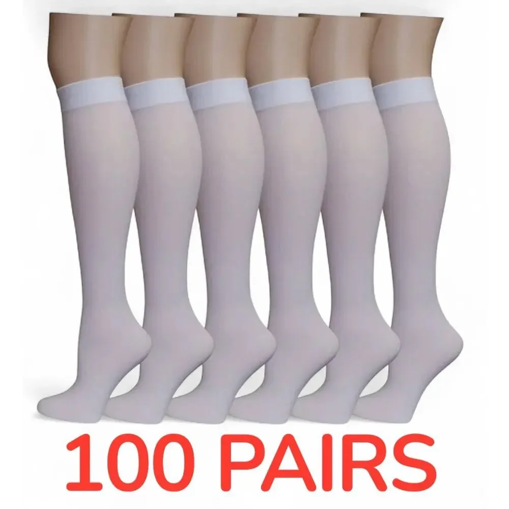 100 Pairs Knee High Trouser Socks Queen Size Nylon Stocking White Individual Pk‎